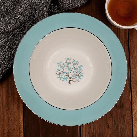 Sevron Blue Lace Round Vegetable Serving Bowl 9 5/8” Silver Trim 1950's - Picture 1 of 7